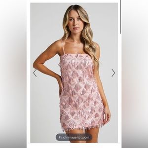 SHOWPO SHOOK MINI DRESS - STRAPLESS FRINGE DRESS IN PINK SEQUIN